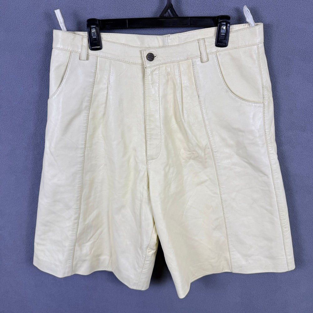 VTG Bagazio Leather Shorts Mens 36 (US 34) Cream Off White Pleated Biker